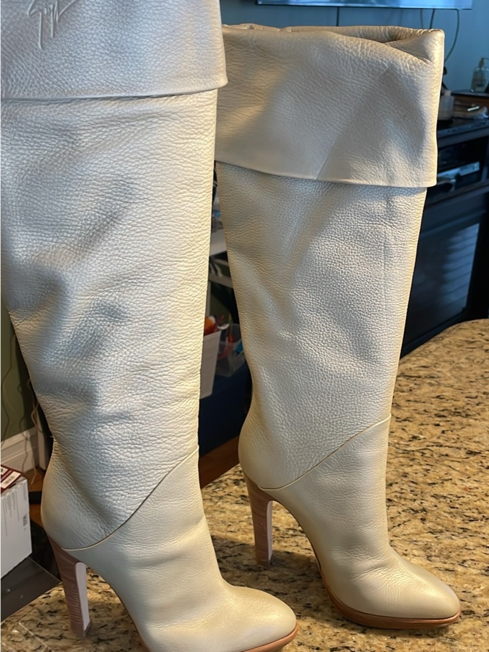 Cream High Heel Knee-High Boots